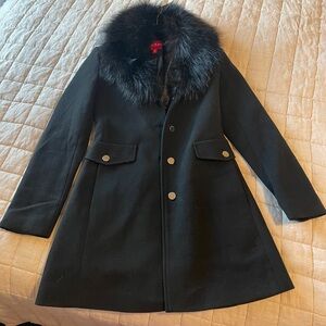 Guess Black Wool Winter Coat Fur Trim XS NWOT